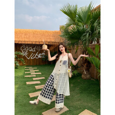 批发清冷松弛感蕾丝T恤<b class='q'>格子</b>阔腿裤<b class='q'>套装</b>女夏不撞款小众超火两件套chic