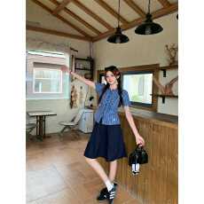 批发韩系校园风休闲运动套装女夏季学生减龄显瘦短袖衬衫半身裙两件套