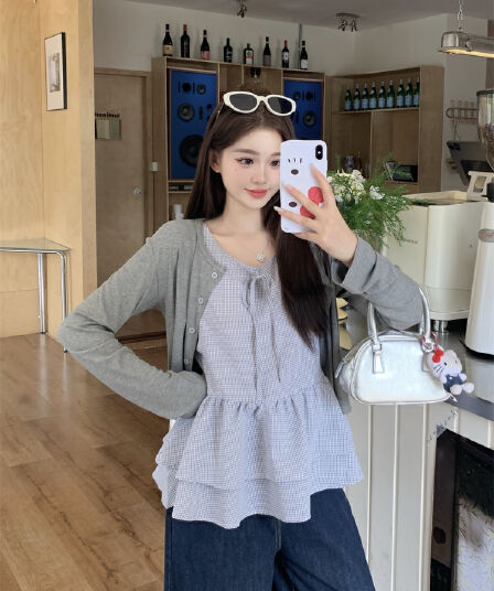 실사 한 부서 소녀 센스 스택 착용 두 조각 여성 세트 단색 라운드 넥 니트 오픈 가디건 나비 넥타이 체크무늬 조끼