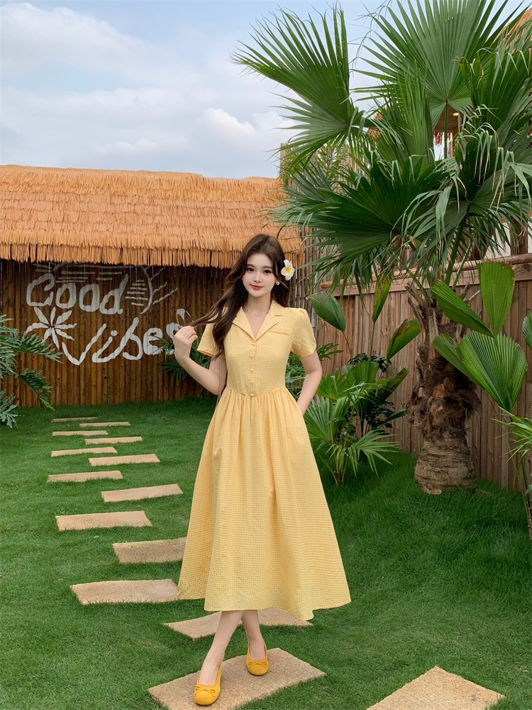 RY3647# 实拍  法式复古风黄色收腰短袖夏季中长款连衣裙