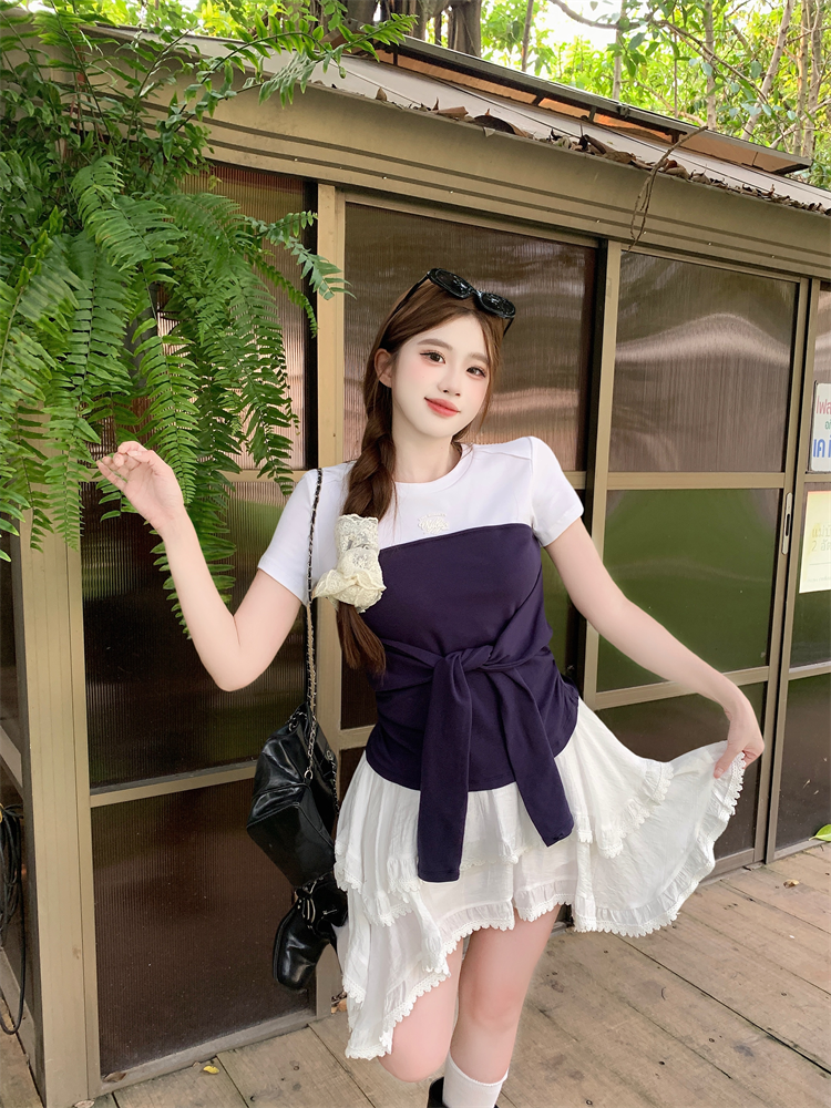 실사 디자인 센스 작은 대중 배색 스트랩 반팔 티셔츠 맨위 여성