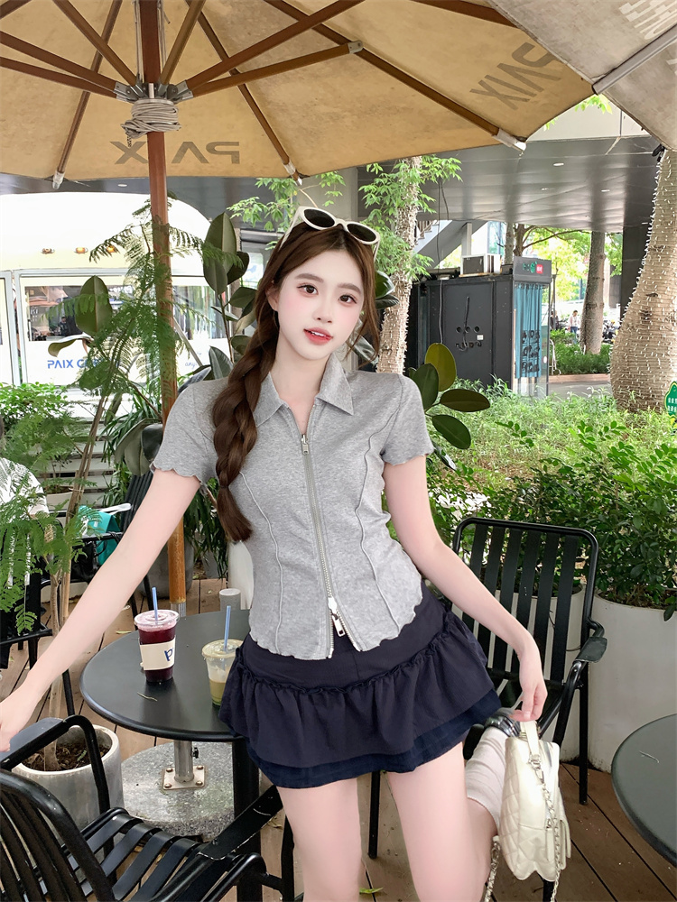 실사 여름 새로운 여성 프릴 분할선 더블 지퍼 반팔 열기 셔츠