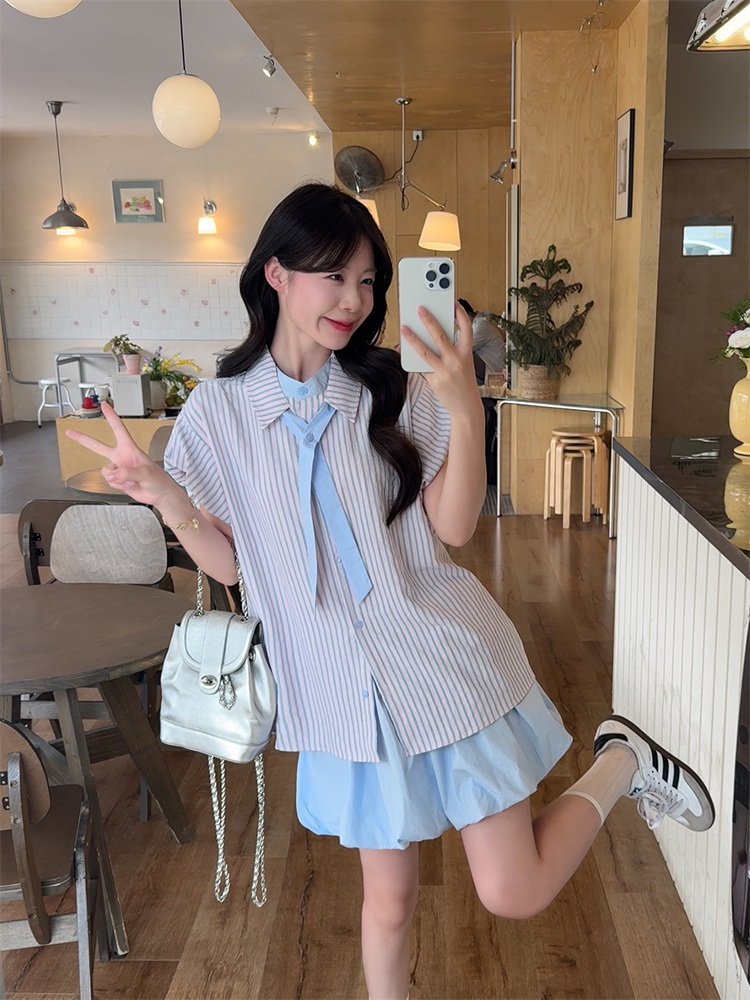 실사 여름 새로운 넥타이 반팔 셔츠 꽃밭 치마 세 조각 세트