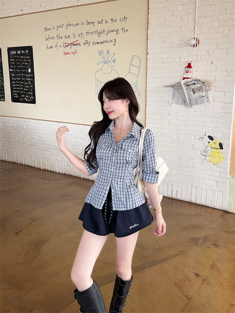 한 부서 레트로 격자 무늬 셔츠 세트 여성 여름 몸매 가꾸기 꼬집기 허리 쇼트 스타일 반팔 맨위 반신 스커트 투피스 세트