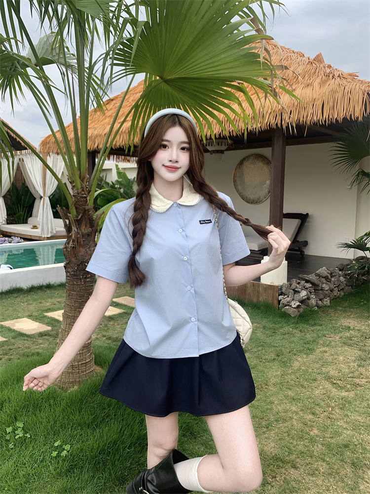 실사 사랑 베이비 칼라 26miu 파란색 반팔 셔츠 반신 치마 세트