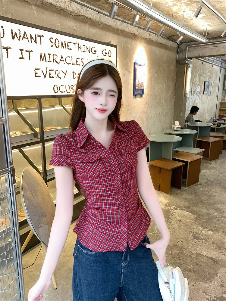 빨간색 체크무늬 긍정적 인 어깨 반팔 여성 셔츠 여름 한 부서 핫걸 꼬집기 허리 몸매 가꾸기 슬림해 보이는 맨위