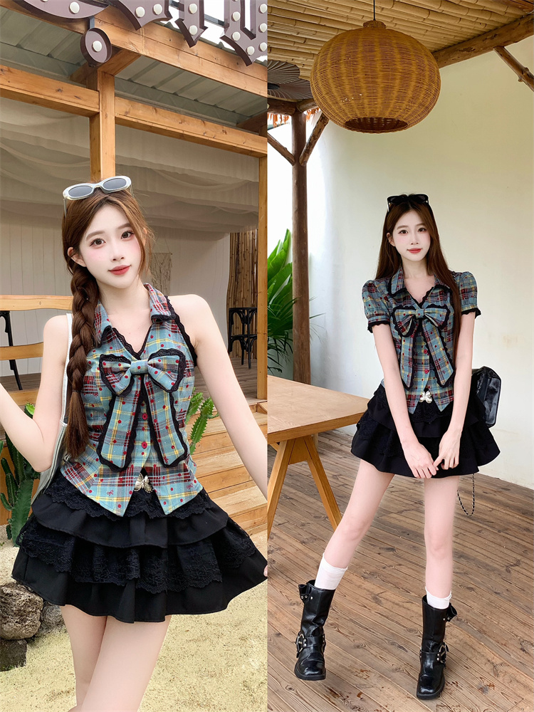 녹색 잉크 달콤한 라스베리 순수한 욕망 배색 나비 매듭 체크무늬 민소매 맨위 봄 여름 케이크 퍼프 스커트
