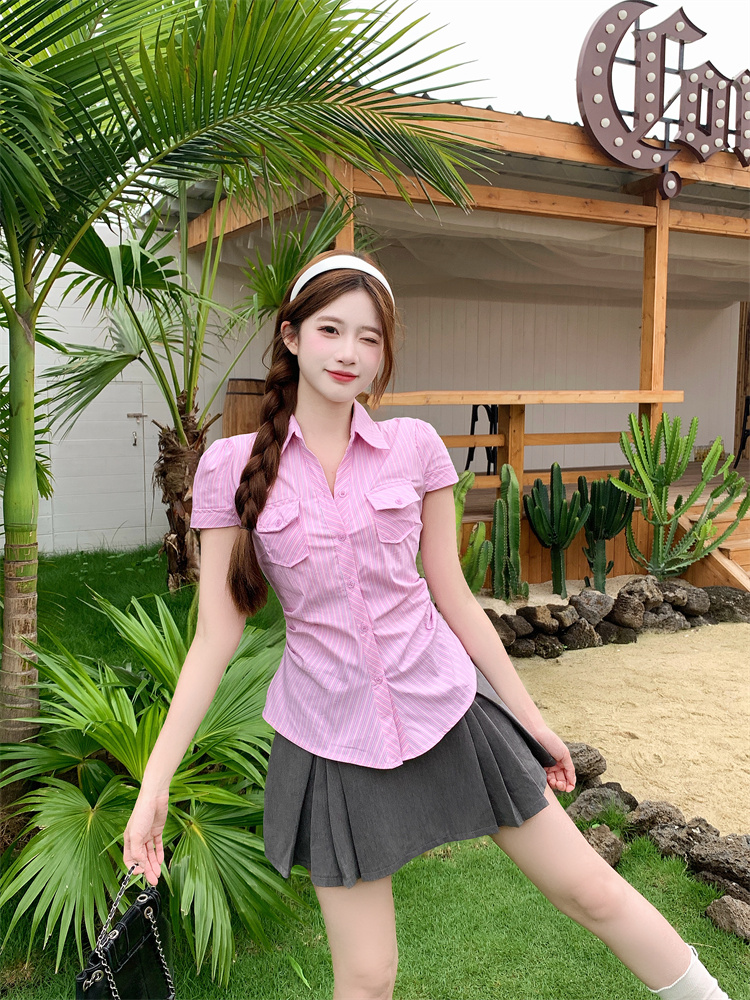 실사 품격 스트라이프 반팔 여성 셔츠 여름 꼬집기 허리 자르기 몸매 가꾸기 다용도 맨위