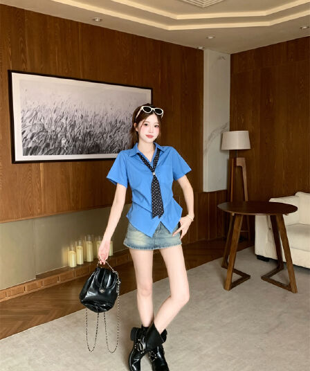 실사 2026 도트 무늬 리본 섹션 반팔 셔츠 핀치 Pleat 맨위 빅 사이즈 여성 의류 슬림해 보이는 셔츠