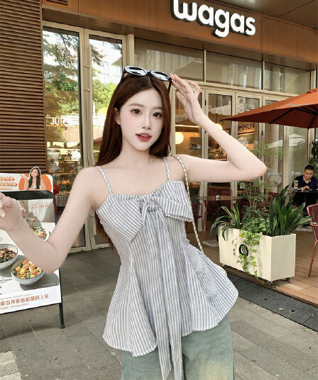 빅 사이즈 통통한 여동생 한 부서 달콤함 스트라이프 나비 매듭 스트랩 슬립 여성