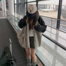批发慵懒学院风灰色长袖毛衣女装秋冬韩系撞色<b class='q'>中长款</b>针织开衫上衣<b class='q'>外套</b>