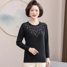 批发中年<b class='q'>妈妈</b>装春秋针织毛衣圆领烫钻长袖上衣服<b class='q'>中老年</b>秋装薄款打底衫