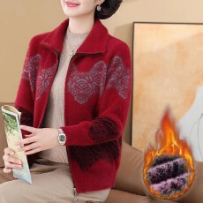 批发妈妈春秋冬水貂绒外套新款洋气<b class='q'>中老年</b>人女加厚开衫保暖毛呢上<b class='q'>衣服</b>