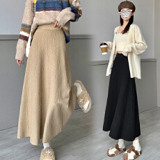批发孕妇装高腰无托腹可调节垂感a字大摆伞裙毛线针织半身裙
