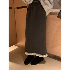 批发甜美蕾丝花边下摆后开叉针织直筒半身裙<b class='q'>冬</b>季新款纯色加厚高腰显瘦