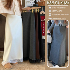 批发拼接蕾丝半身裙秋<b class='q'>冬</b>长裙百搭气质a字包臀针织中长裙可调节