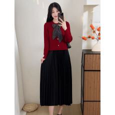 批发小香风假两件针织连衣裙女秋冬新款蝴蝶结百褶<b class='q'>中长款</b>时尚高级裙子