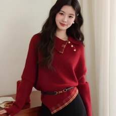 批发新年红色Polo翻领套头不规则毛衣女秋冬新款蝙蝠袖针织衫<b class='q'>长袖</b>上衣