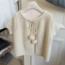 批发weiwei日系美衣韩系<b class='q'>甜美</b>风毛球系带开衫毛衣女冬宽松短款上衣