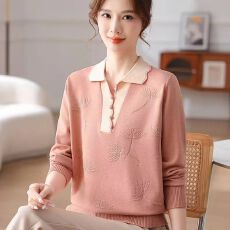批发2026新款翻领打底新款宽松上衣<b class='q'>中老年</b>女装针织春秋毛衣洋气上衣女