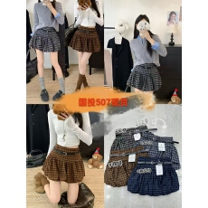 批发复古格子花苞半身裙女2026春夏新款设计感高腰显廋防走光a字短裙