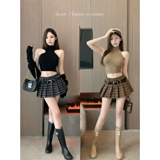 批发春季新款别致复古高腰显瘦格子<b class='q'>半身裙</b>女设计感防走光短裙<b class='q'>百褶</b>裙