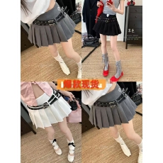 批发设计感时尚爱心双皮带高腰显瘦<b class='q'>半身裙</b>防走光短裙<b class='q'>百褶</b>裙a字裙女