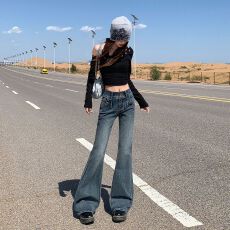 批发美式蓝灰绣花<b class='q'>钉珠</b>微喇<b class='q'>牛仔裤</b>女秋2026新款小众设计感拖地喇叭裤子