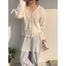 2026春秋新款V领纯色宽松针织开衫薄款上衣女韩系外搭屁帘两件套