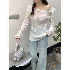 新款2026针织衫纯色外搭系带修身开衫心机薄款微透露肩镂空上衣女