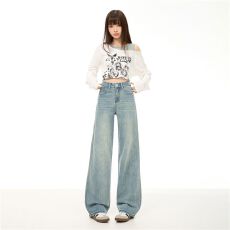 批发春超柔弹力窄阔直筒垂顺经典百搭宽松舒适牛仔裤女通勤