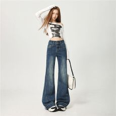 批发早春新款高腰双扣收腹微喇裤微阔宽松弹力修身复古拼接喇叭牛仔女