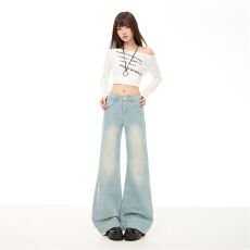 批发早春款复古弹力微喇不贴腿牛仔裤女阔腿宽松喇叭裤显瘦百搭