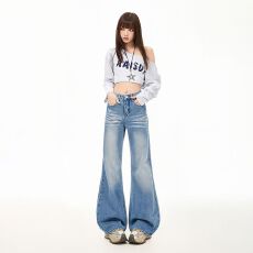 批发美式重工压皱猫须不贴腿宽松微喇阔舒适辣妹时尚喇叭裤牛仔裤女