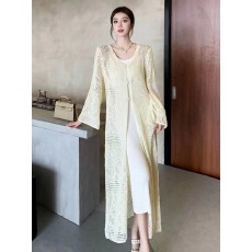 批发长款<b class='q'>镂空</b>针织开衫女春季叠穿外搭高级感配裙子新中式盘扣宽松上衣