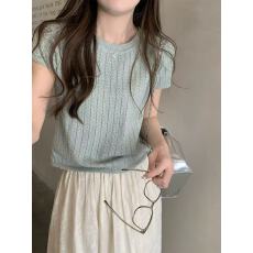 批发别致冰丝<b class='q'>镂空</b>t恤针织小衫女轻薄麻花短袖夏季新款弹力高级感上衣