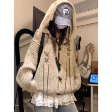 批发美式复古兔耳朵牛角扣连帽毛衣女秋冬<b class='q'>宽松</b>显瘦慵懒风针织开衫外套