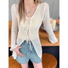 批发杏色喇叭袖网织长袖<b class='q'>针织衫</b>女2026夏季新款镂空宽松出游穿搭<b class='q'>罩衫</b>潮