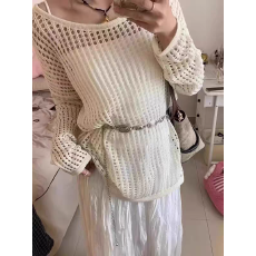 批发镂空露肩长袖针织<b class='q'>罩衫</b>女薄款设计感小众宽松慵懒风防晒上衣