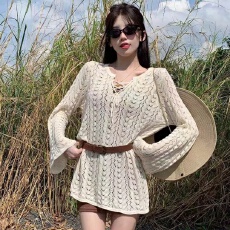 批发奶油系穿搭温柔<b class='q'>韩</b>系<b class='q'>风</b>抽绳上衣百搭罩衫宽松甜美薄镂空毛衣