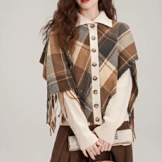 批发韩版格纹流苏不规则毛衣2025秋冬新款复古披肩<b class='q'>针织</b><b class='q'>开衫</b>假两件上衣