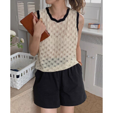 批发拼色镂空U领针织背心女2026夏季新款慵懒随性宽松外穿无袖马甲