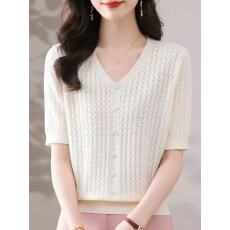 批发V领<b class='q'>短袖</b>镂空针织衫女夏季薄款宽松洋气遮肚上衣通勤风洋气冰丝<b class='q'>T</b><b class='q'>恤</b>