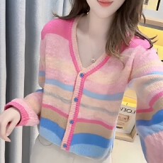 批发官图 2026春季新款彩虹毛衣开衫<b class='q'>外套女</b>条纹v领长袖针织衫上衣潮