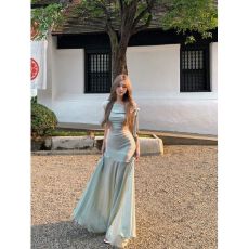 批发法式绿色网纱拼接连衣<b class='q'>裙子</b>女夏季2025新款气质绝美高级感包臀长裙