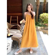 批发波西米亚黄色<b class='q'>吊带</b>连衣裙女夏2026旅游海边度假多巴胺沙滩无袖<b class='q'>长裙</b>