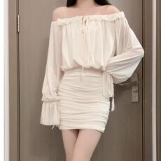 批发法式气质杏色一字肩长袖连衣<b class='q'>裙子</b>女初春2026新款收腰a字包臀短裙