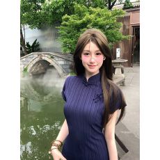 批发新中式女装改良旗袍长裙赫本风气质别致国风藏蓝色连衣裙子女夏季