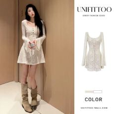 批发法式镂空长袖<b class='q'>连衣裙</b>子女秋<b class='q'>冬季</b>2026新爆款小个子掐腰气质蕾丝短裙