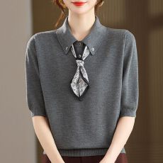 批发洋气<b class='q'>妈妈</b>装初秋薄款翻领针织衫<b class='q'>中年</b>女装五分袖系带T恤气质上衣女